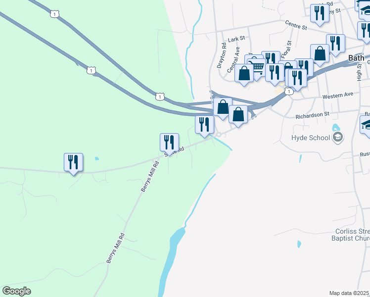map of restaurants, bars, coffee shops, grocery stores, and more near 1 Lilly Pond Road in West Bath