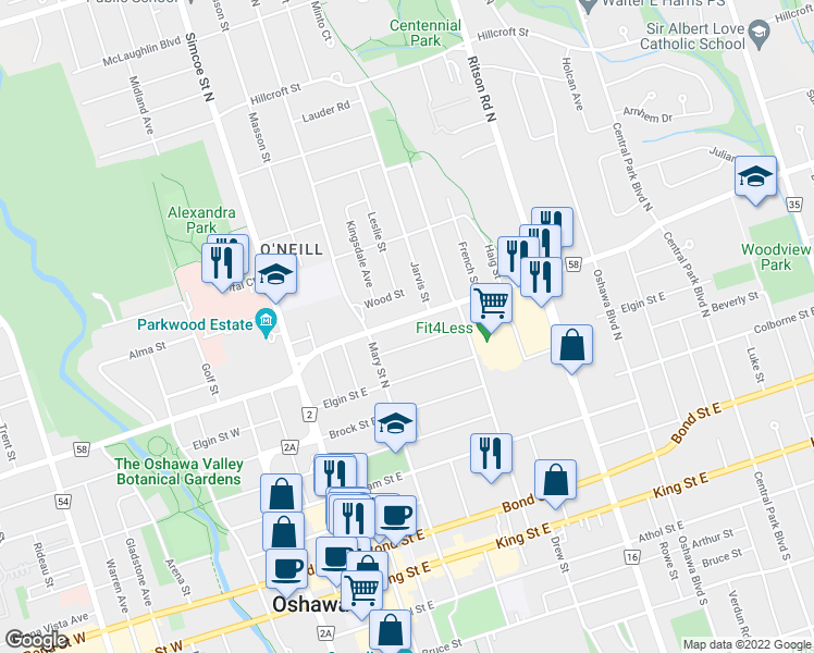 map of restaurants, bars, coffee shops, grocery stores, and more near 117 Adelaide Avenue East in Oshawa