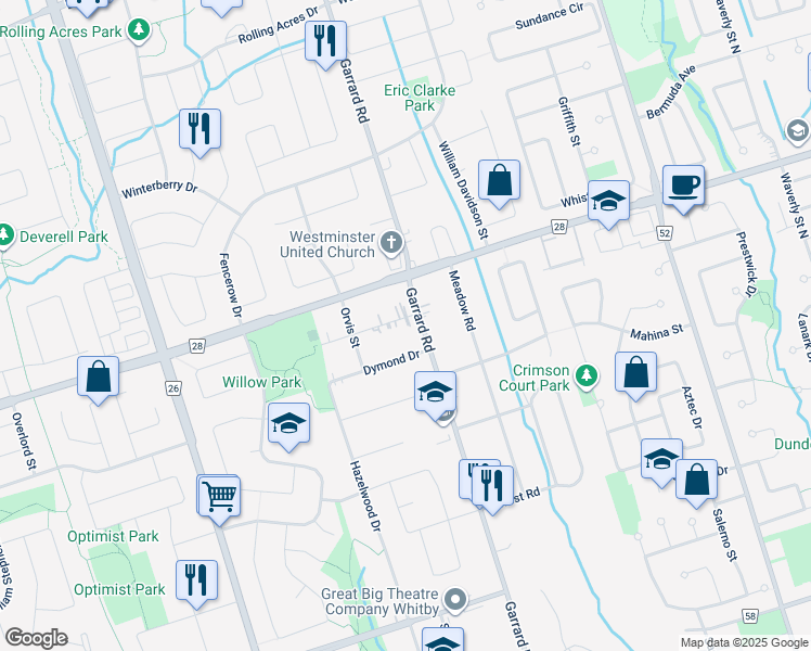 map of restaurants, bars, coffee shops, grocery stores, and more near 7 Willow Park Drive in Whitby