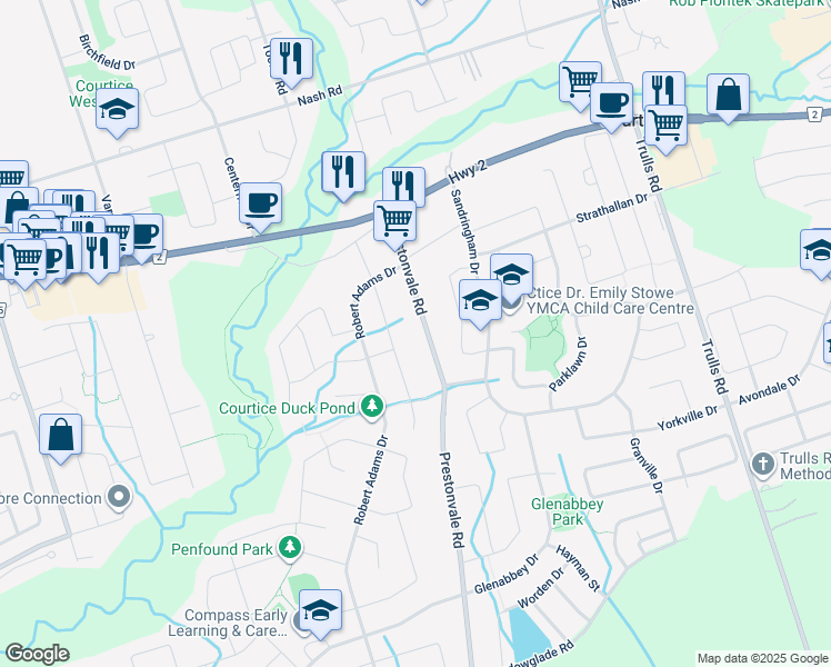map of restaurants, bars, coffee shops, grocery stores, and more near 2640 Prestonvale Road in Courtice