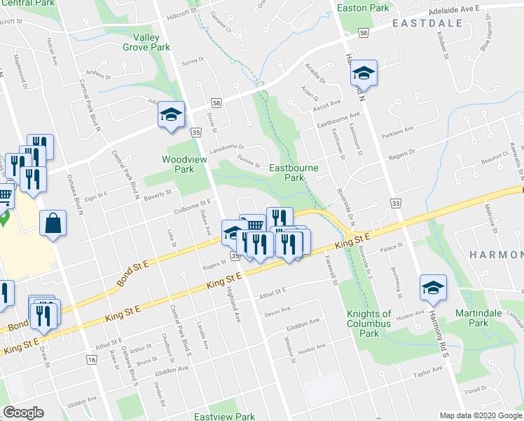 map of restaurants, bars, coffee shops, grocery stores, and more near 159 Claymore Crescent in Oshawa