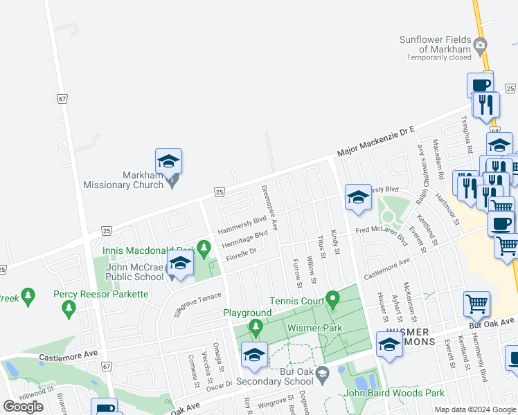 map of restaurants, bars, coffee shops, grocery stores, and more near 110 Memon Place in Markham