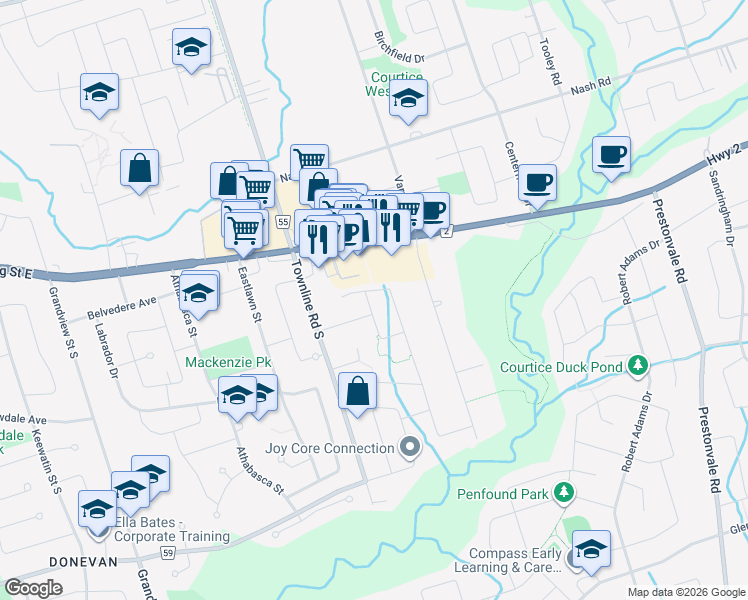 map of restaurants, bars, coffee shops, grocery stores, and more near 46 Empire Crescent in Courtice