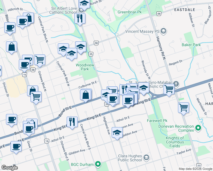map of restaurants, bars, coffee shops, grocery stores, and more near 92 Claymore Crescent in Oshawa
