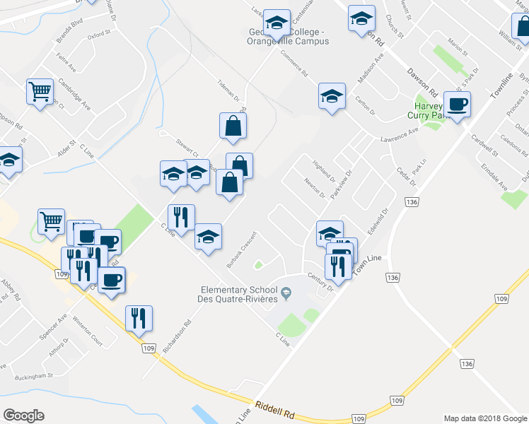 map of restaurants, bars, coffee shops, grocery stores, and more near 71 Morgandale Crescent in Orangeville