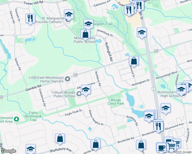 map of restaurants, bars, coffee shops, grocery stores, and more near 14 Rothbury Road in Richmond Hill