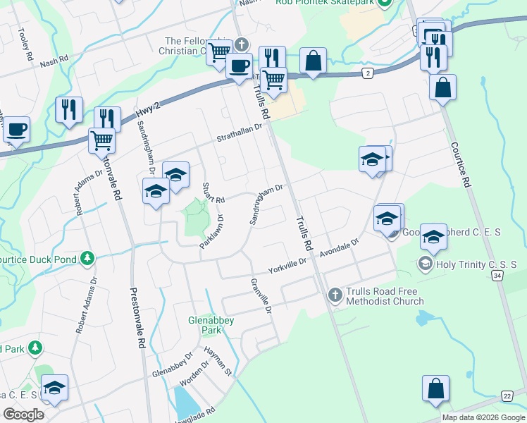 map of restaurants, bars, coffee shops, grocery stores, and more near 84 Hillhurst Crescent in Clarington