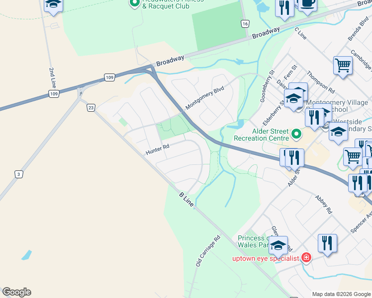 map of restaurants, bars, coffee shops, grocery stores, and more near 11 Rose Street in Orangeville