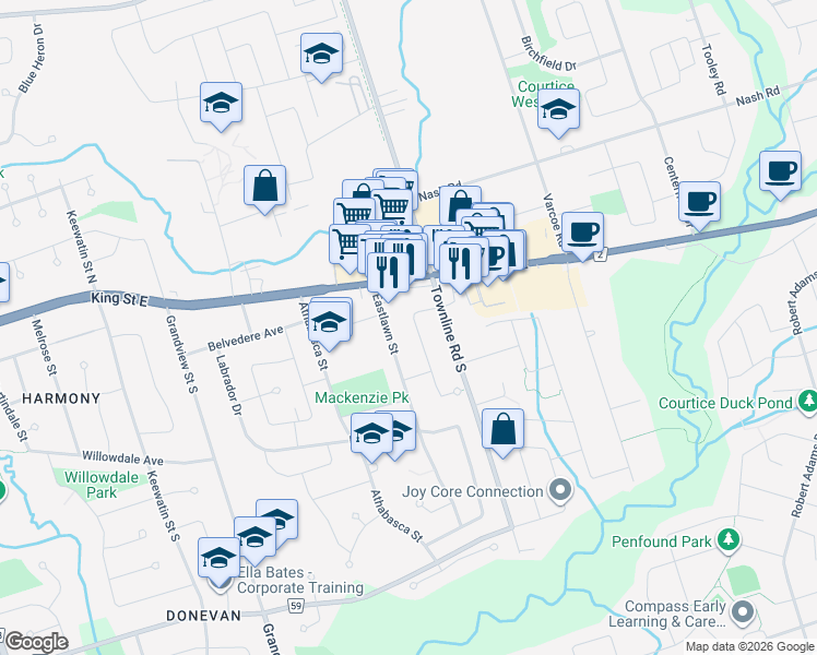 map of restaurants, bars, coffee shops, grocery stores, and more near 40 Merivale Street in Oshawa