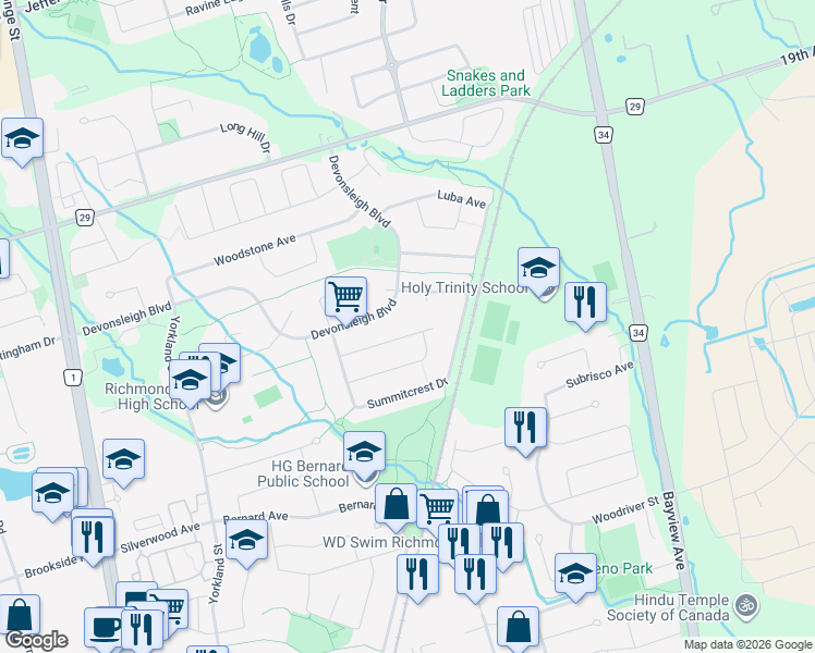 map of restaurants, bars, coffee shops, grocery stores, and more near 39 Pine Bough Manor in Richmond Hill