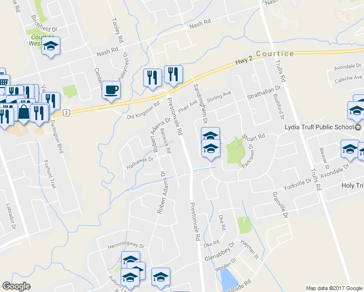 map of restaurants, bars, coffee shops, grocery stores, and more near 2640 Prestonvale Road in Courtice