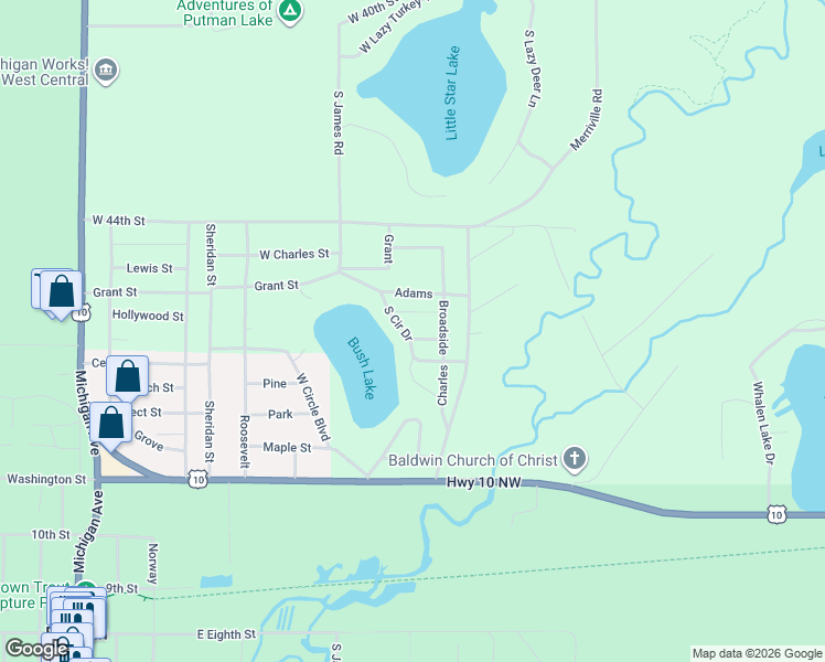 map of restaurants, bars, coffee shops, grocery stores, and more near 5708 South Circle Boulevard in Baldwin