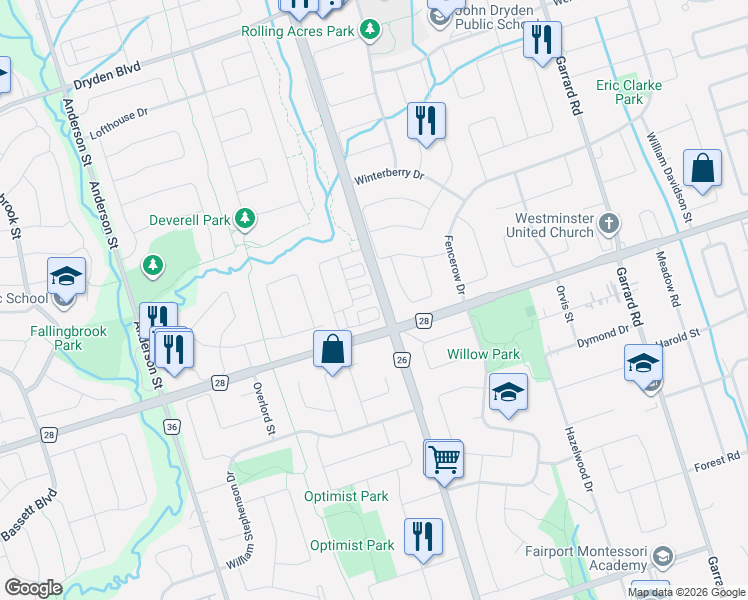 map of restaurants, bars, coffee shops, grocery stores, and more near 52 Porcelain Way in Whitby