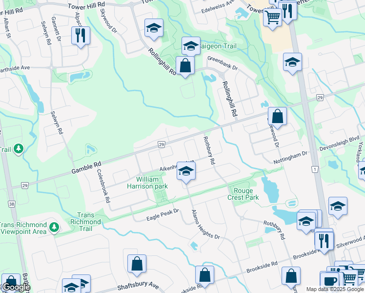 map of restaurants, bars, coffee shops, grocery stores, and more near 57 Maffey Crescent in Richmond Hill