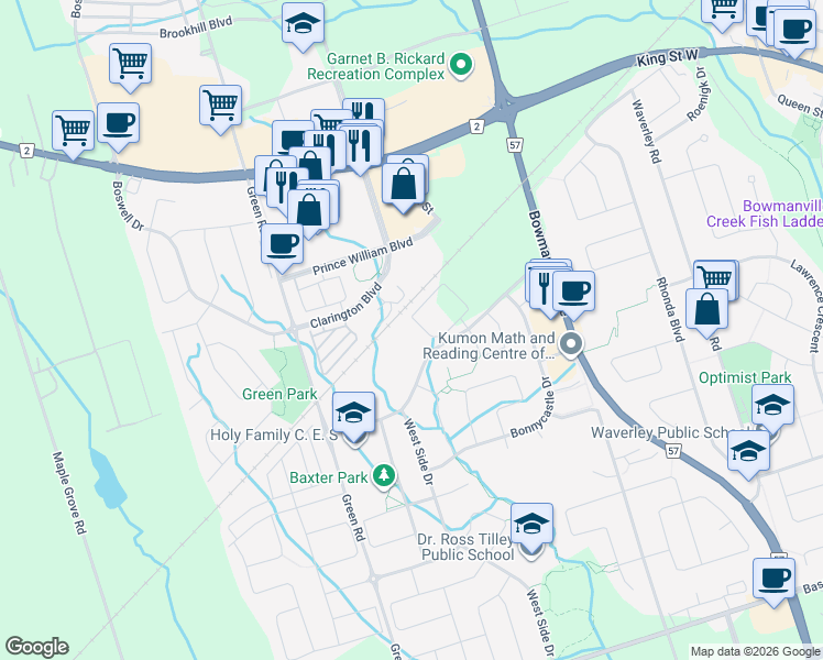 map of restaurants, bars, coffee shops, grocery stores, and more near 84 Aspen Springs Drive in Bowmanville
