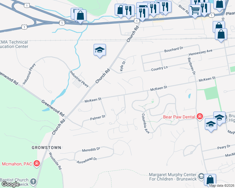 map of restaurants, bars, coffee shops, grocery stores, and more near 154 McKeen Street in Brunswick