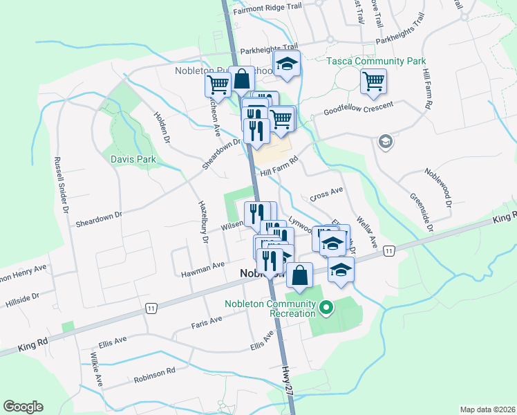 map of restaurants, bars, coffee shops, grocery stores, and more near 13138 Highway 27 in Nobleton