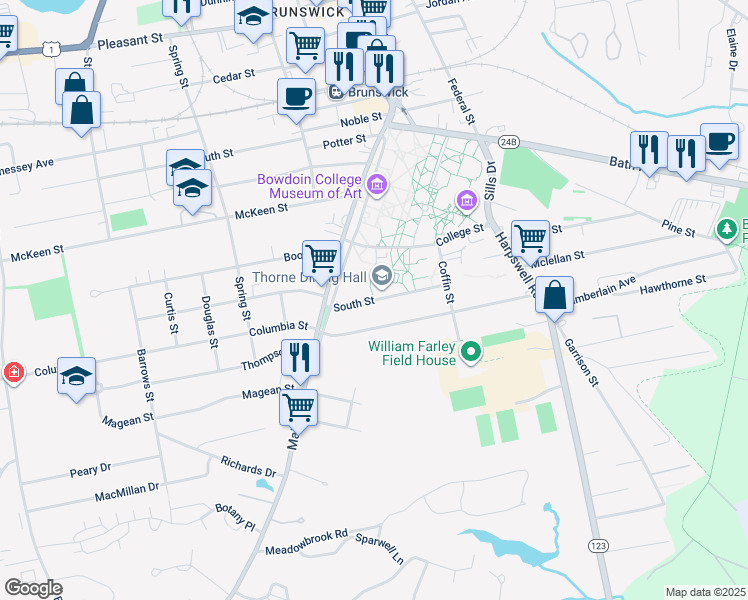 map of restaurants, bars, coffee shops, grocery stores, and more near 6 South Street in Brunswick