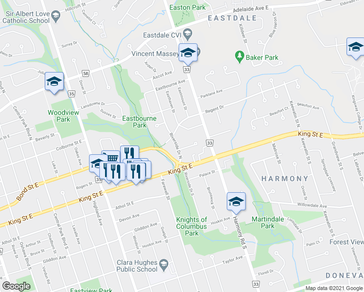 map of restaurants, bars, coffee shops, grocery stores, and more near 750 Cambridge Court in Oshawa