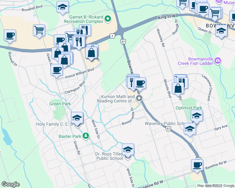 map of restaurants, bars, coffee shops, grocery stores, and more near 16 Fry Crescent in Clarington
