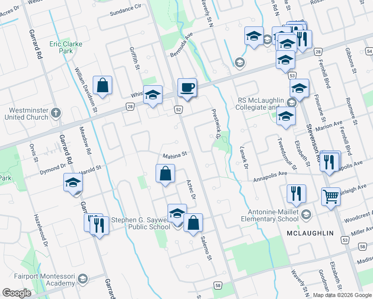 map of restaurants, bars, coffee shops, grocery stores, and more near 804 Mahina Street in Oshawa