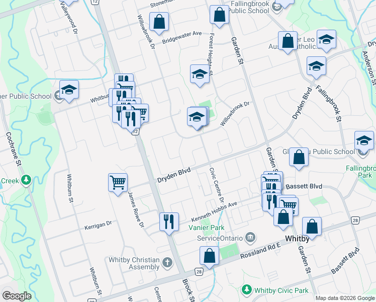 map of restaurants, bars, coffee shops, grocery stores, and more near 20 Old Colony Drive in Whitby