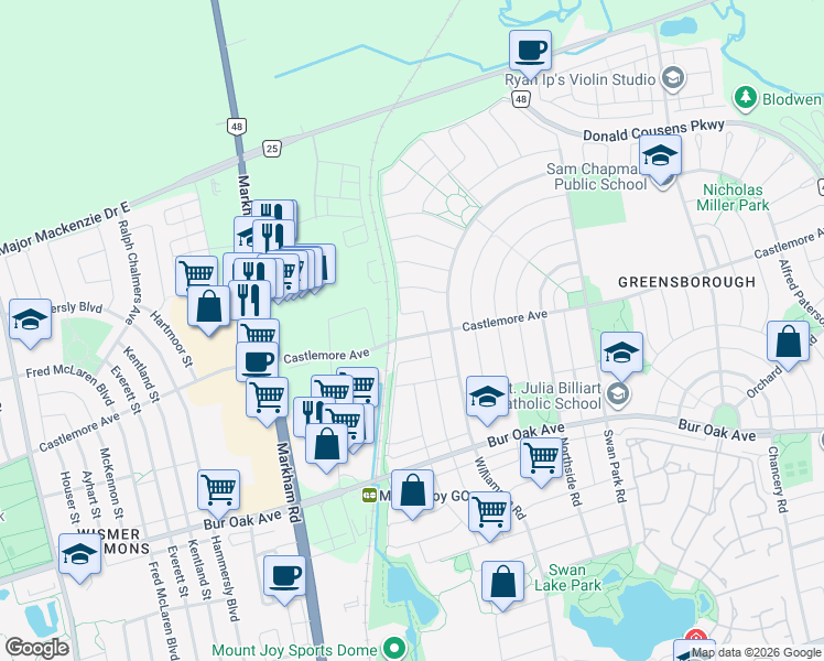 map of restaurants, bars, coffee shops, grocery stores, and more near 1390 Castlemore Avenue in Markham