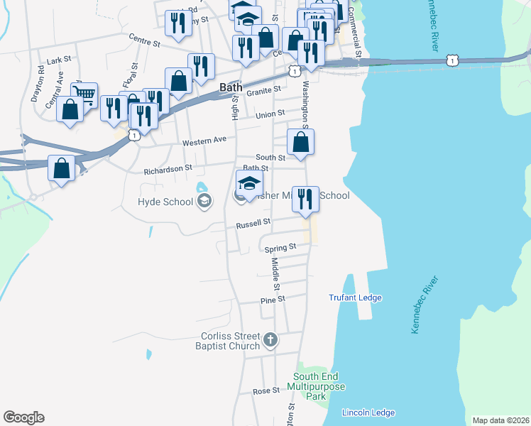 map of restaurants, bars, coffee shops, grocery stores, and more near 69 Russell Street in Bath