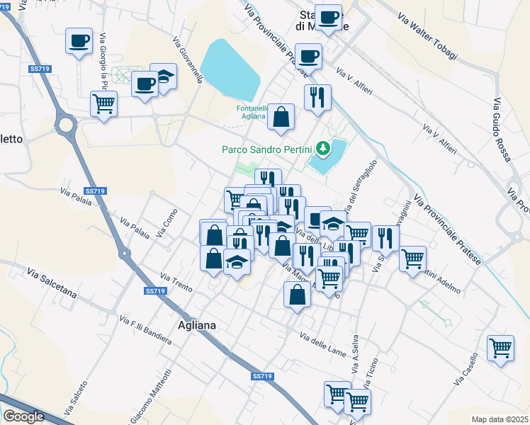 map of restaurants, bars, coffee shops, grocery stores, and more near 17 Viale Roma in Agliana