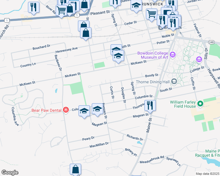 map of restaurants, bars, coffee shops, grocery stores, and more near 40 Belmont Street in Brunswick