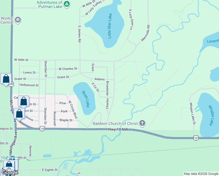 map of restaurants, bars, coffee shops, grocery stores, and more near 5708 South Circle Boulevard in Baldwin