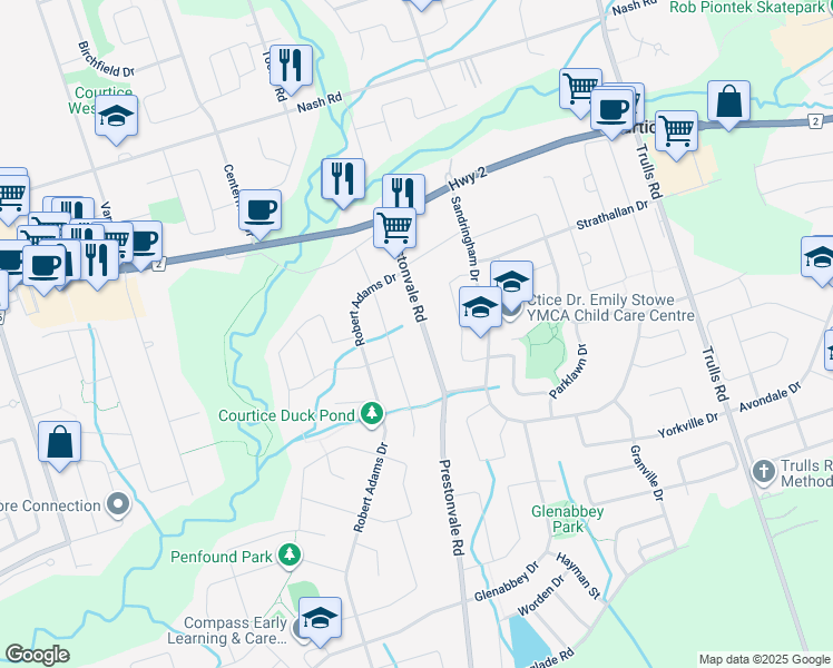 map of restaurants, bars, coffee shops, grocery stores, and more near 2640 Prestonvale Road in Courtice
