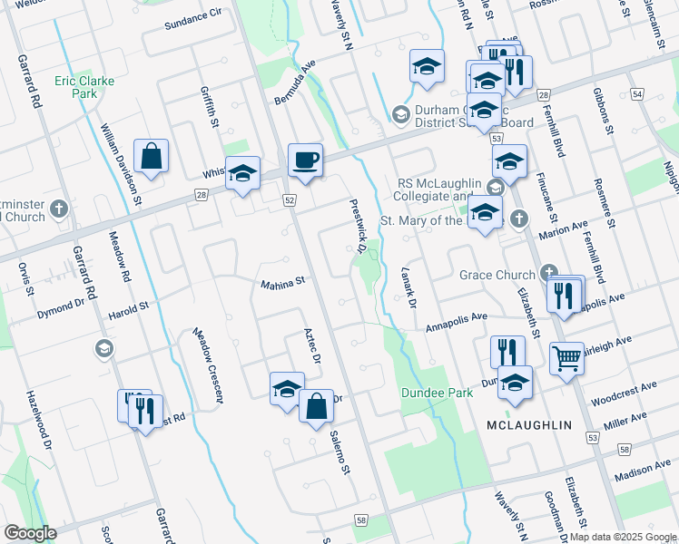 map of restaurants, bars, coffee shops, grocery stores, and more near in Oshawa