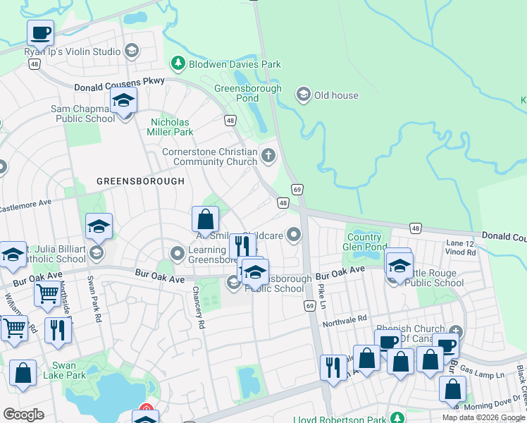 map of restaurants, bars, coffee shops, grocery stores, and more near in Markham
