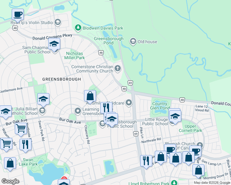 map of restaurants, bars, coffee shops, grocery stores, and more near 17 Coral Cove Court in Markham