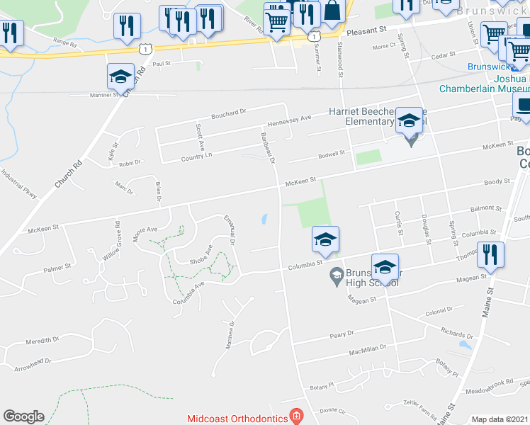 map of restaurants, bars, coffee shops, grocery stores, and more near 22 Baribeau Drive in Brunswick