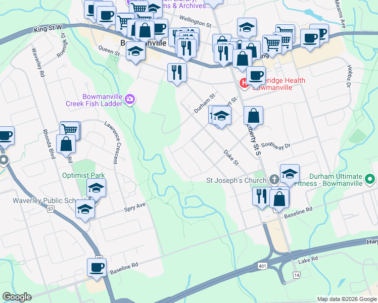 map of restaurants, bars, coffee shops, grocery stores, and more near 47 Alfred Shrubb Lane in Bowmanville