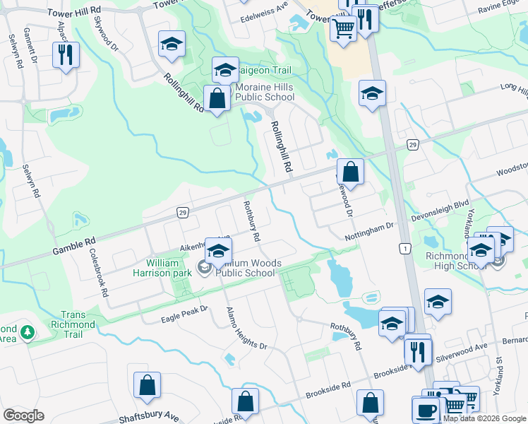 map of restaurants, bars, coffee shops, grocery stores, and more near 32 Carat Crescent in Richmond Hill