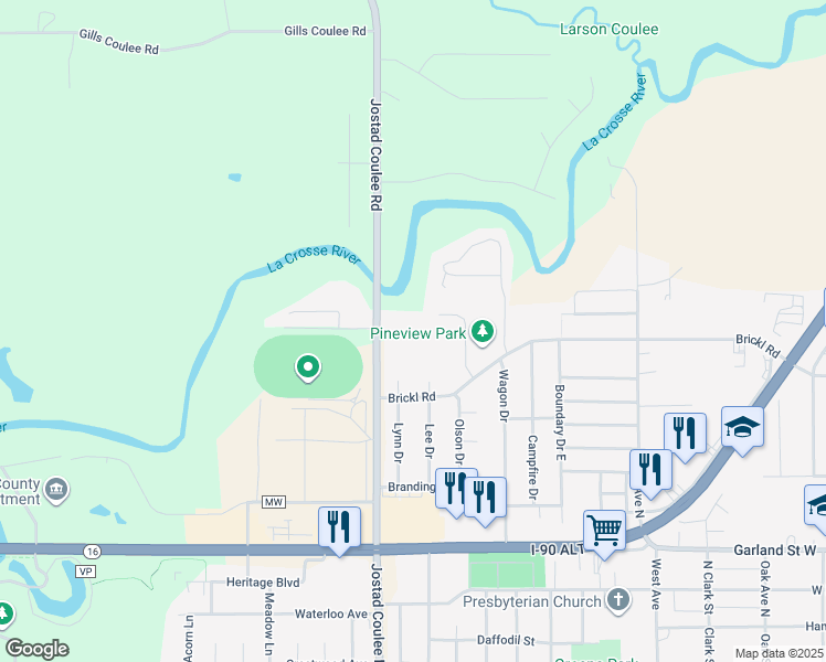 map of restaurants, bars, coffee shops, grocery stores, and more near 758 Faye Drive in West Salem