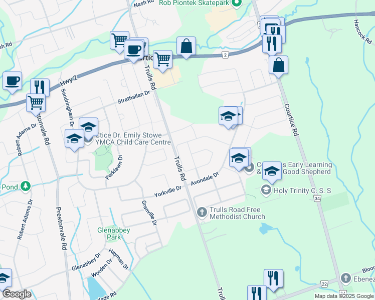 map of restaurants, bars, coffee shops, grocery stores, and more near 14 Weaver Street in Courtice