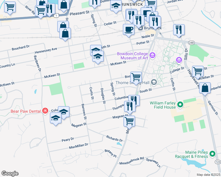 map of restaurants, bars, coffee shops, grocery stores, and more near 25 Belmont Street in Brunswick