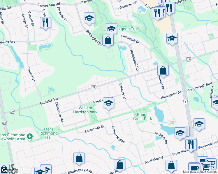 map of restaurants, bars, coffee shops, grocery stores, and more near 54 Maffey Crescent in Richmond Hill