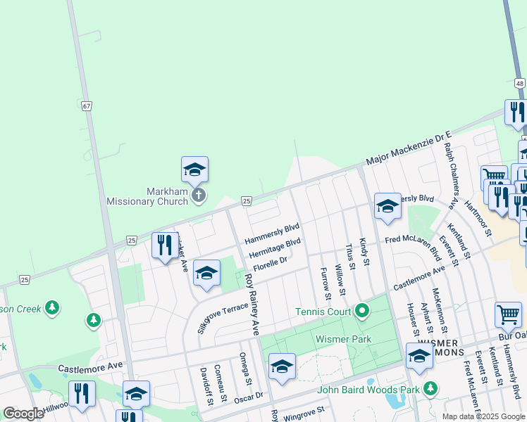 map of restaurants, bars, coffee shops, grocery stores, and more near Memon Place in Markham