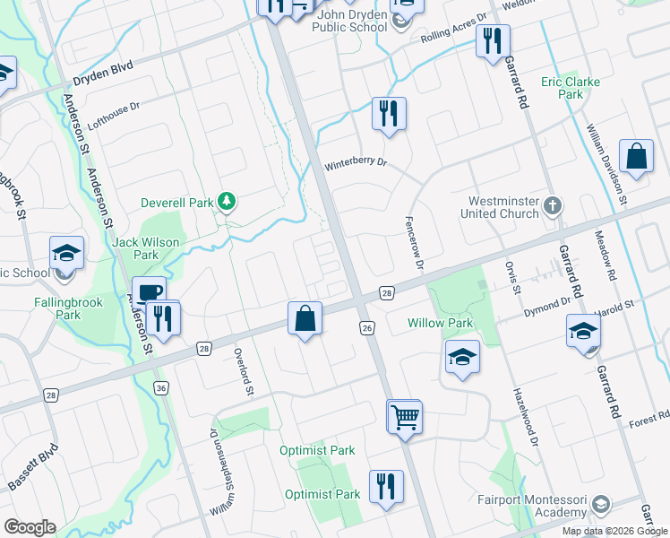 map of restaurants, bars, coffee shops, grocery stores, and more near 52 Porcelain Way in Whitby