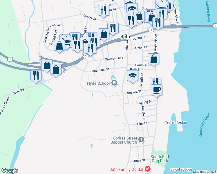map of restaurants, bars, coffee shops, grocery stores, and more near 616 High Street in Bath