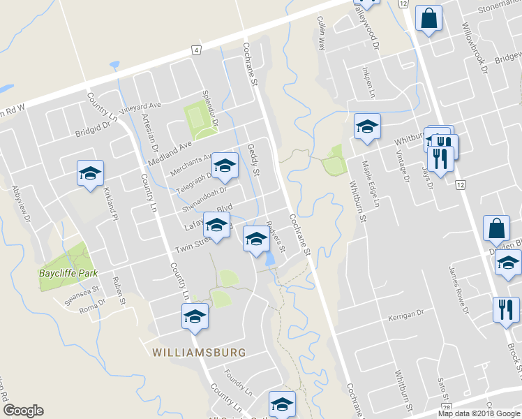 map of restaurants, bars, coffee shops, grocery stores, and more near 16 Twin Streams Road in Whitby