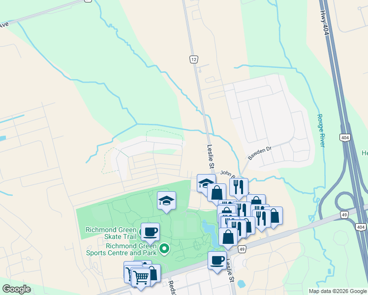 map of restaurants, bars, coffee shops, grocery stores, and more near 48 Hartney Drive in Richmond Hill