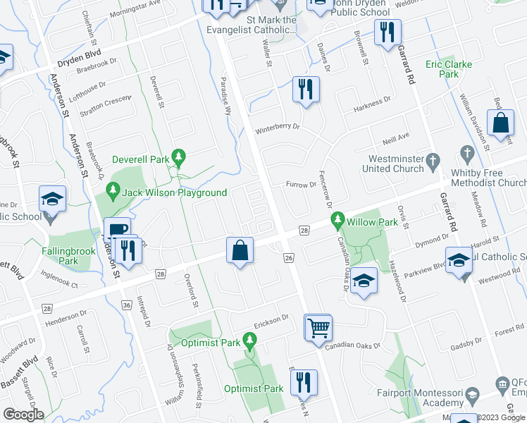 map of restaurants, bars, coffee shops, grocery stores, and more near 33 Amulet Way in Whitby