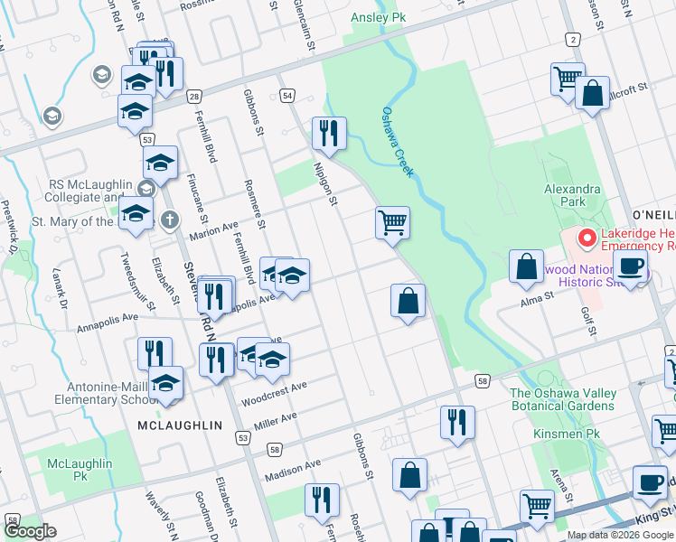 map of restaurants, bars, coffee shops, grocery stores, and more near 409 Fairlawn Street in Oshawa