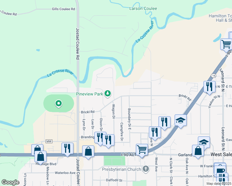map of restaurants, bars, coffee shops, grocery stores, and more near 710 Wagon Drive in West Salem